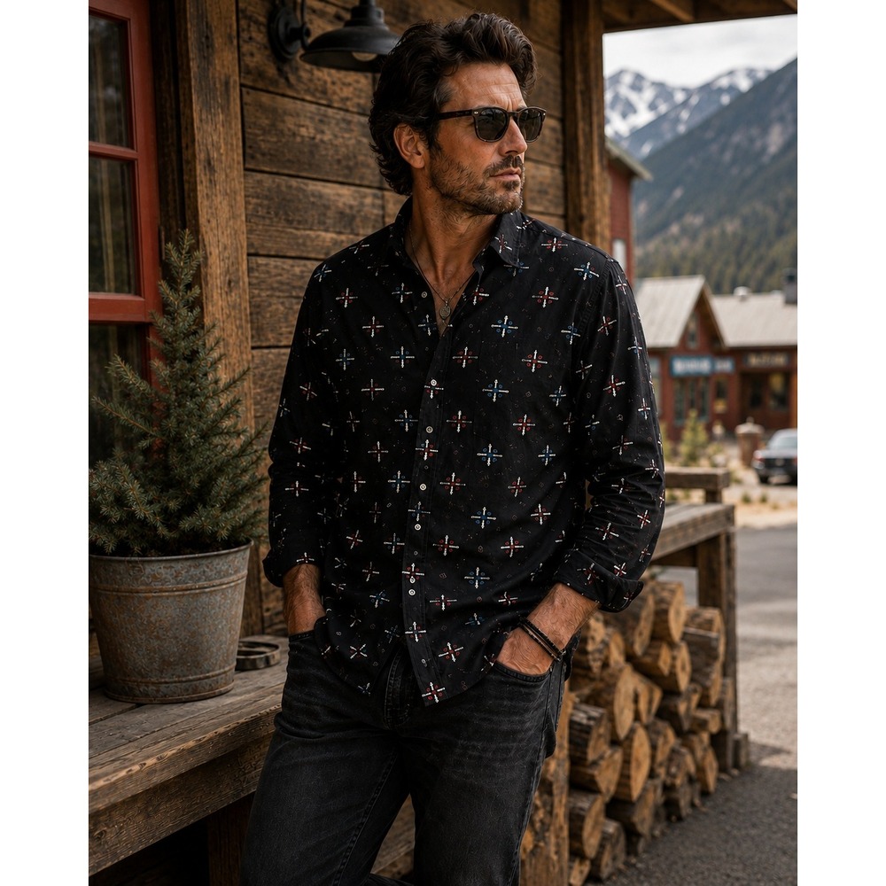 John Varvatos USA Mens XXL Black Embroidered Southwestern Motif Shirt W626V1B